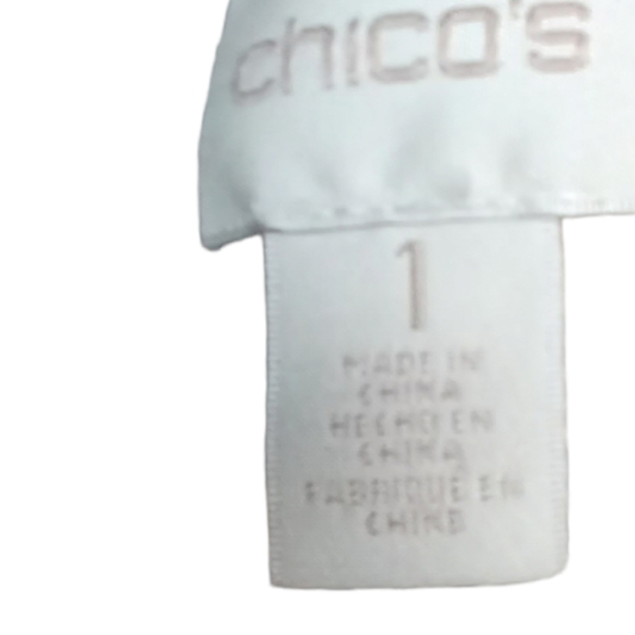 Chicos tan/ navy wovrn draped open front cardigan with fringe detail sz 1 - Picture 5 of 7